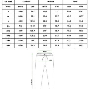 Peut inclure: Tableau des tailles pour les pantalons de surv&ecirc;tement AOP, avec des mesures en pouces et en centim&egrave;tres. Les tailles vont de S &agrave; 5XL, avec les mesures de longueur, de taille et de hanches. Un sch&eacute;ma du pantalon est &eacute;galement inclus.