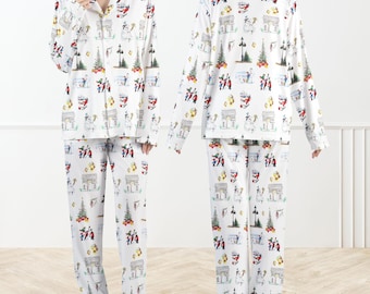 Aquarell Weihnachten Seidiger Satin Pyjama Set für Frauen, Paris Weihnachtspyjamas, Gemütliche Weihnachten Loungewear, Winter Pyjama Set für Frauen