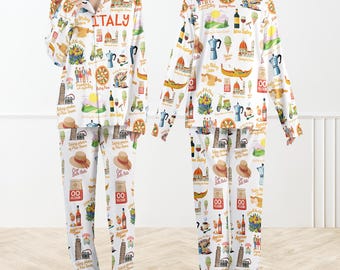 Italienische Ferien Seidiger Satin Pyjama Set für Frauen, Italien Reise Pyjamas, Italien Familien Pyjama Set, Italien Liebhaber Geschenk