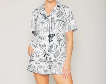 USA sketch pyjama set voor vrouwen, zwart-witte pyjama met lijntekeningen, Amerikaans thema nachtkleding, Statue of Liberty loungeset, gezellige damespyjama cadeau