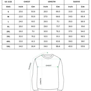 Peut inclure: Tableau des tailles pour un sweat-shirt &agrave; imprim&eacute; int&eacute;gral, avec des mesures en pouces et en centim&egrave;tres. Le tableau comprend les tailles S &agrave; 5XL, d&eacute;taillant les dimensions de la poitrine, de la longueur et des manches.
