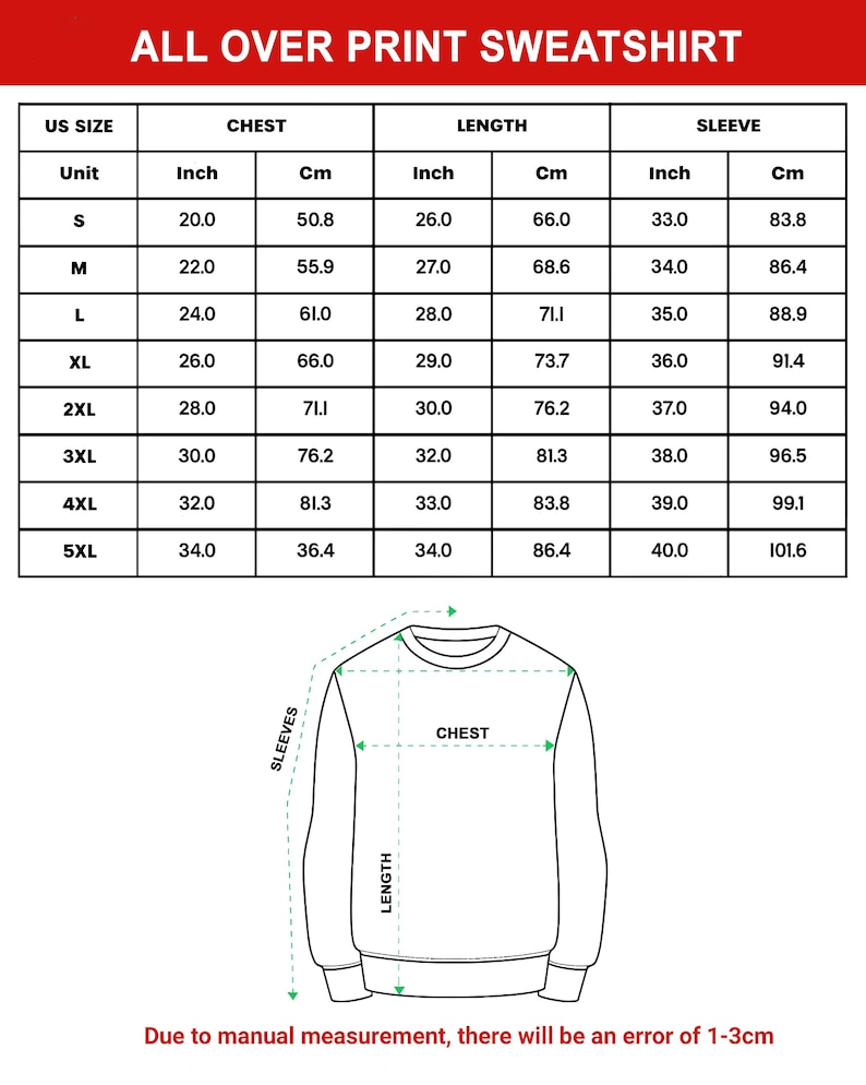 Peut inclure: Tableau des tailles pour un sweat-shirt &agrave; imprim&eacute; int&eacute;gral, avec des mesures en pouces et en centim&egrave;tres. Le tableau comprend les tailles S &agrave; 5XL, d&eacute;taillant les dimensions de la poitrine, de la longueur et des manches.