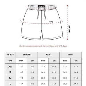 May include: Diagram of youth shorts with measurements in inches and centimeters. The image includes a size chart with waist, hip, and length measurements for sizes XS to XL. The text "ALL-OVER PRINT YOUTH SHORTS" is at the top.