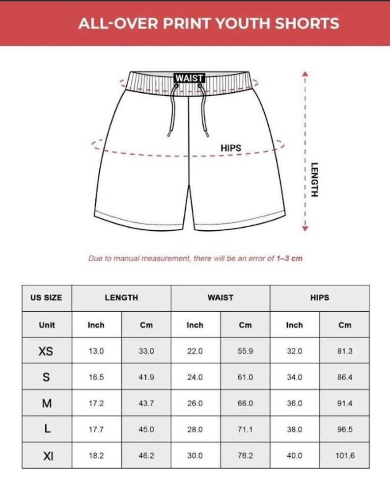 May include: Diagram of youth shorts with measurements in inches and centimeters. The image includes a size chart with waist, hip, and length measurements for sizes XS to XL. The text "ALL-OVER PRINT YOUTH SHORTS" is at the top.