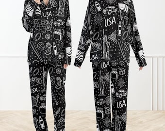 Amerikaanse zwarte pyjamaset voor vrouwen, American Line Art pyjama, patriottische nachtkleding, pyjama Vrijheidsbeeld, minimalistisch USA loungeset cadeau