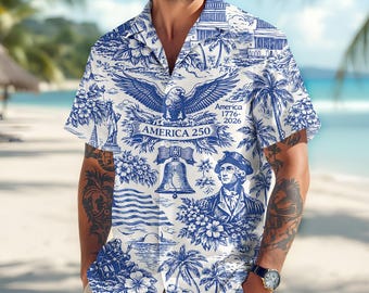 Hawaiiaans shirt America 250 1776–2026, vintage patriottisch shirt, 250 Years of America Celebration button-down