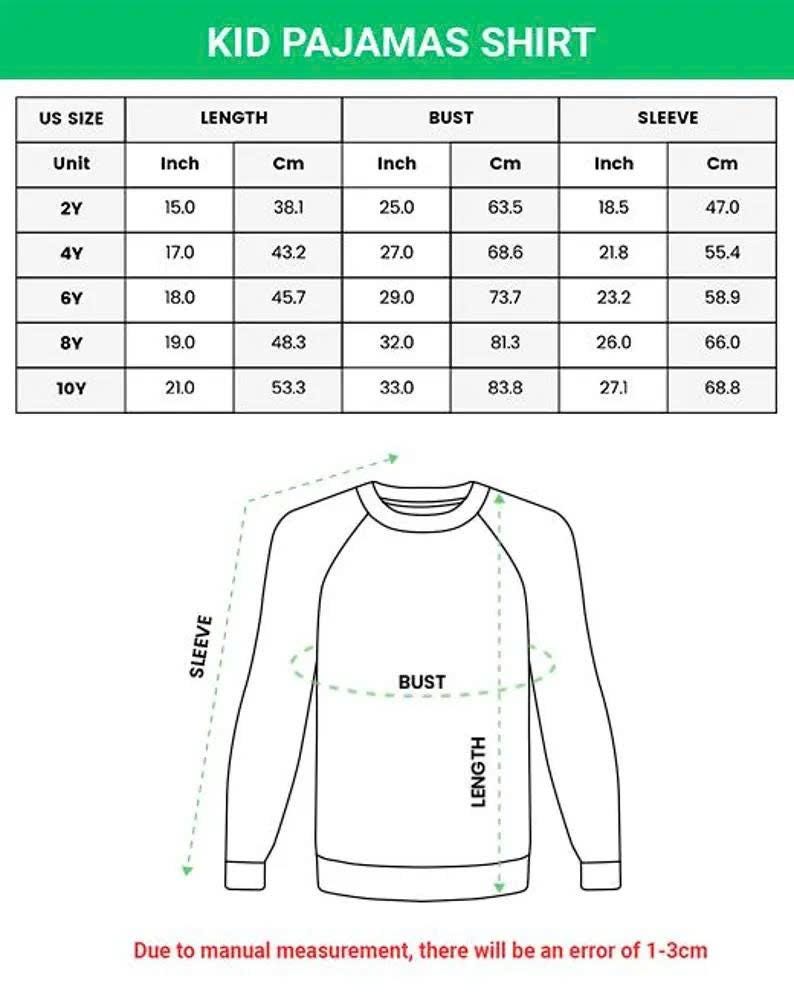 Peut inclure: Un pyjama &agrave; manches longues blanc avec un tableau des tailles. Le tableau fournit des mesures en pouces et en centim&egrave;tres pour la longueur, le tour de poitrine et la manche pour les tailles 2Y &agrave; 10Y. Le texte "KID PAJAMAS SHIRT" est en haut.