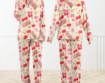 Mama Cherry-pyjama, schattige pyjama voor moeder, nachtkleding met strik, damesloungeset, pyjama met kersenprint, cadeau voor moeder, schattige roze loungewear