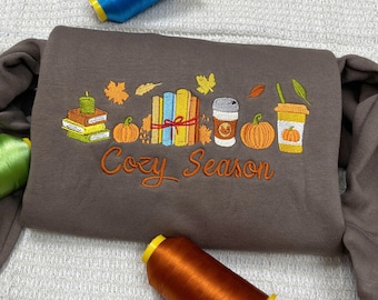 Embroidered Cozy Season Sweatshirt: Autumn Crewneck Pullover