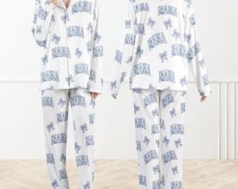 Mama pyjama met bloemenstrik dames, schattige nachtkleding met blauw lint, bijpassende pyjama voor moeder, gezellige loungeset cadeau voor moeder, outfit zachte nachtkleding