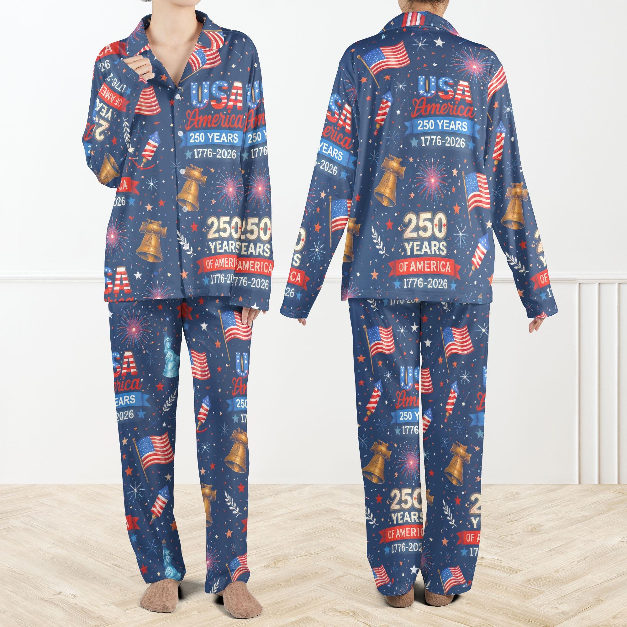 Discover USA 250 Years Pajama Set For Women, Patriotic Sleepwear, American Flag Lounge Set, 1776-2026 Independence PJs, 4th of July Gift