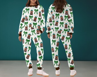 Pijama de seda con diseño de oso de café Coquette para mujer y niña, ropa de estar por casa con un bonito lazo, conjunto acogedor para el invierno, un bonito regalo para niña.