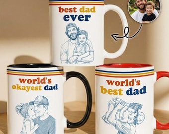 Worlds Best Dad Sketch Line Art Retro Mug, Personalized Fathers Day Coffee Cup For Dad Husband, Custom Family Mug Gift
