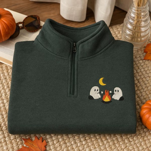 Embroidered Ghosts Camping Quarter Zip Sweatshirt: Spooky Halloween Sweater