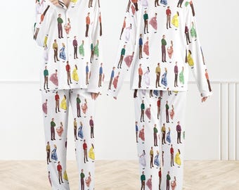 Seven Brides For Seven Brothers zijdezachte satijnen pyjama voor dames, retro muzikale nachtkleding, pyjama met vintage danspatroon, klassieke Hollywood-pyjama, klassieke hollywood-pyjama