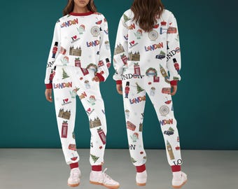 Weihnachten in London Seidiger Satin-Pyjama-Set für Damen und Kinder, British Holiday Loungewear Set, I Love London Outfit, gemütlicher Winter-Pyjama-Geschenk
