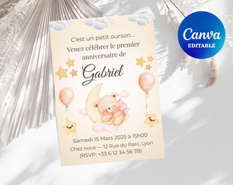 Invitación de primer cumpleaños de osito de peluche / Plantilla de lienzo de acuarela bohemia