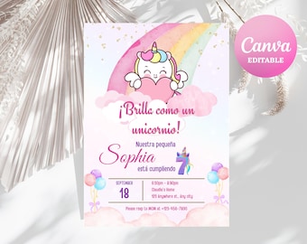 Invitación de cumpleaños de unicornio / Plantilla editable de Canva