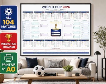 Póster imprimible del Mundial 2026 / Cuadro del torneo FIFA 2026 / Calendario de partidos y seguimiento de predicciones / Descarga digital en formatos A0, A1 y A2