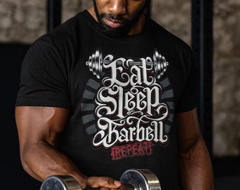 Diseño de camiseta "Eat Sleep Barbell Repeat", transferencia DTF para gimnasio (descarga digital)