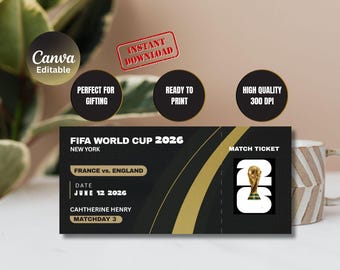 Entrada personalizada para el Mundial 2026, cupón de cumpleaños editable para él, descarga digital.