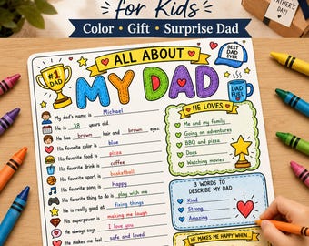 Página para colorear imprimible del Día del Padre / Cuestionario "Todo sobre mi papá" / Hoja de actividades para niños / Recuerdo para completar / Descarga instantánea