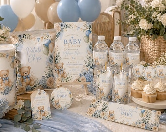 Paquete de decoración para baby shower de niño / Plantilla editable de invitación para baby shower con osito de peluche / Recuerdos para baby shower, etiquetas para botellas de agua, bolsas de papas fritas