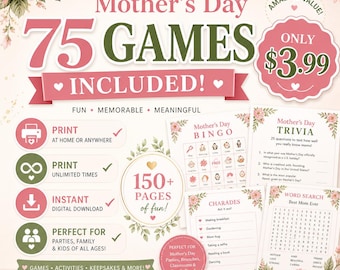 Paquete gigante de 75 juegos para el Día de la Madre / Juegos imprimibles para el Día de la Madre para toda la familia, niños y adultos / Juegos para fiestas de brunch / Descarga instantánea en PDF
