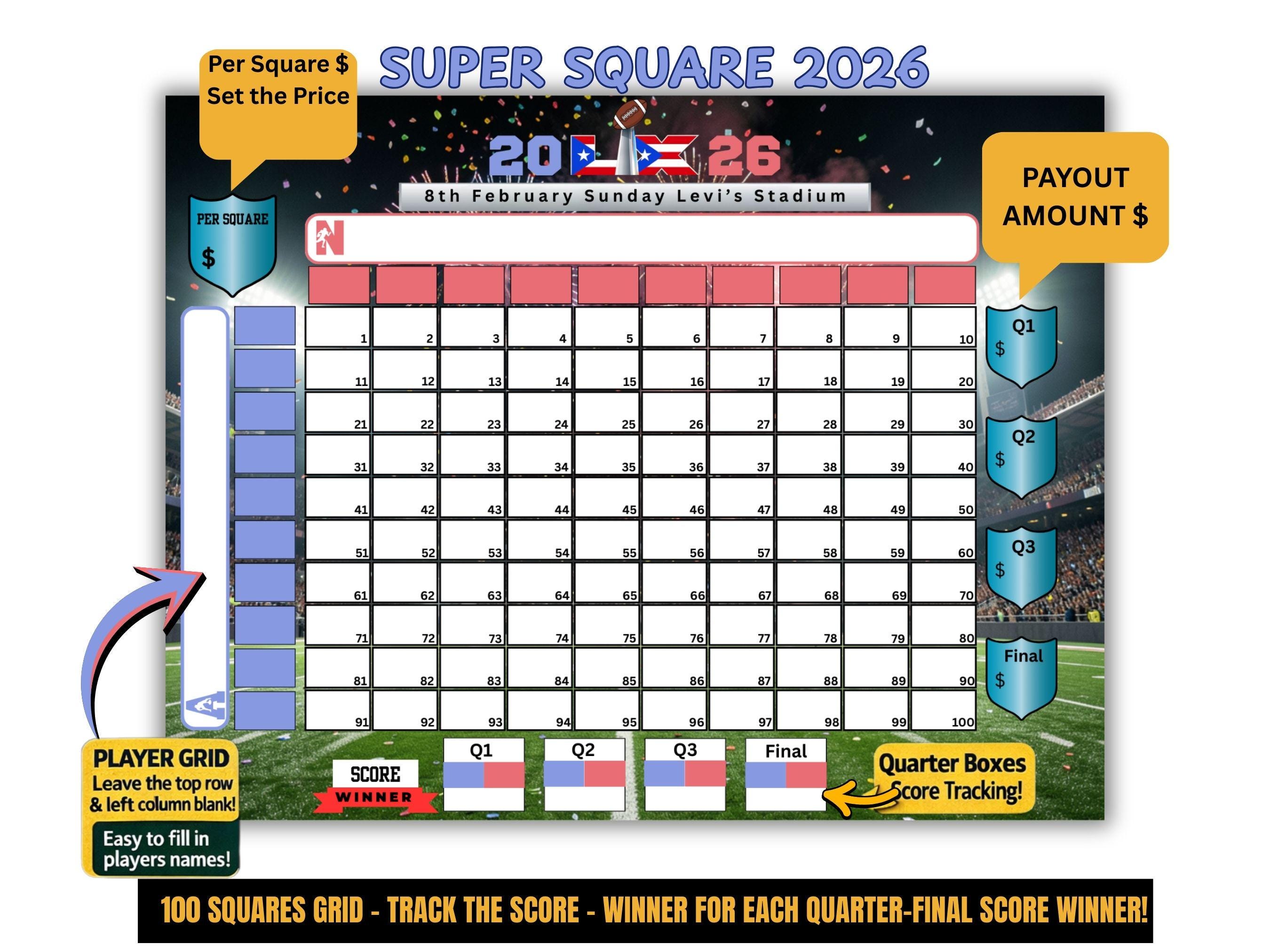Football Squares Game Printable, 100 Square Football Pool Bundle With ...