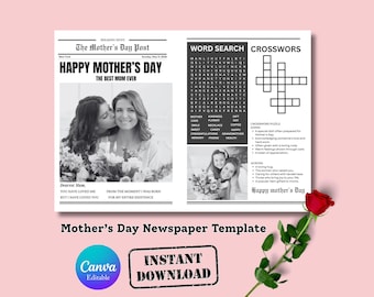 Plantilla de periódico personalizable para el Día de la Madre, tarjeta imprimible, envoltorio para ramo de flores, plantilla de periódico editable, regalo para ella
