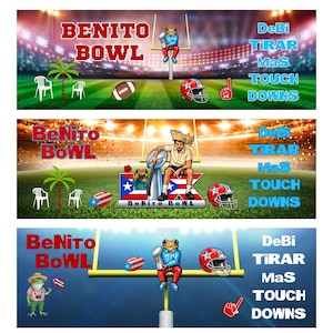 Könnte beinhalten: Drei Banner mit Fußball-Motiv. Das obere Banner zeigt "BENITO BOWL" in Rot, mit einer Froschfigur, die eine Trophäe hält. Das mittlere Banner zeigt einen Mann mit einer Trophäe. Das untere Banner zeigt eine Froschfigur mit einer Trophäe. Jedes Banner enthält die Worte "DeBi TIRAR Mas TOUCH DOWNS".