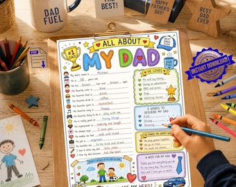 Página para colorear imprimible "Todo sobre mi papá" / Cuestionario del Día del Padre para niños / Regalo de entrevista para papá con espacios en blanco / Descarga instantánea