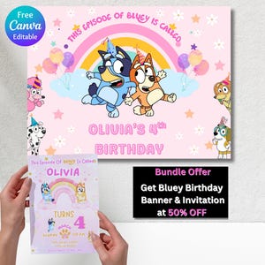 Banner de fondo de cumpleaños personalizable de Bluey - Banner de fiesta de Bluey editable - Banner de letrero de fiesta de cumpleaños de Bluey - Impresiones digitales