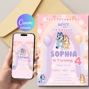Tarjeta de invitación de cumpleaños personalizable de Bluey - Invitación de fiesta editable de Bluey - Plantilla de cumpleaños imprimible de Bluey - Impresiones digitales