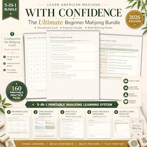 May include: A 5-in-1 beginner Mahjong learning bundle. The bundle includes a beginner guide, card reading companion, practice pack, hand tracker, and score set. The bundle includes 160 printable practice tiles and is designed to help you decode the card, practice visually, and build winning hands.