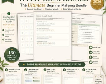 Paquete de Mahjong Americano 2026, Guía rápida para principiantes y guía de lectura de cartas, 160 fichas de práctica, registro de manos y tarjeta de puntuación, descarga instantánea.