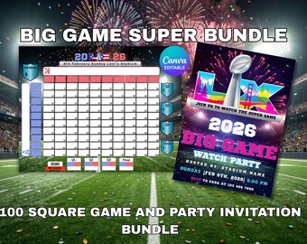 Juego de fútbol con cuadrados imprimibles, paquete de billar de 100 cuadrados con invitación para ver el gran partido, descarga instantánea