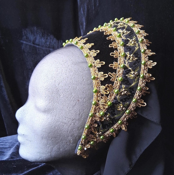 French Hood, Black Velvet Renaissance Hat, Anne Boleyn  display picture 2