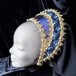 Capuz francês de tafetá azul, chapéu renascentista, Ana Bolena, Tudors