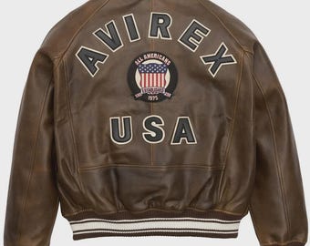 Men's Avirex Brown Icon  American Flight Jacket Genuine Sheepskin Leather Bomber Jacket