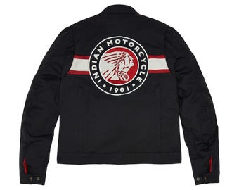 May include: Black motorcycle jacket with a large circular logo on the back. The logo features a Native American profile and the words "INDIAN MOTORCYCLE 1901". A white and red stripe runs across the back.