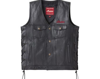 Men's Black Leather Motorcycle Vest: Indian Club Style Biker Jacket