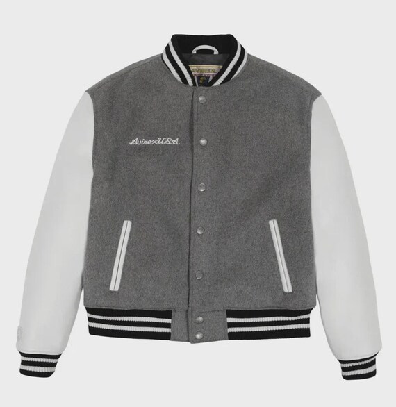 Men's Avirex Grey Icon Wool USA Bomber Jacket Real Sheepskin