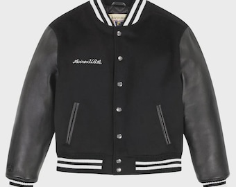 Chaqueta universitaria Avirex Black Icon de lana USA de piel de oveja auténtica para hombre