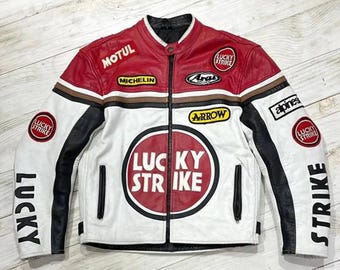 Men's Lucky Strick Handmade Racing Motorcycle Jacket Genuine Cowhide Leather Biker Jacket