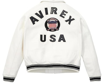 Men's Avirex White Icon American Flight Jacket Genuine Sheepskin Leather Bomber Jacket