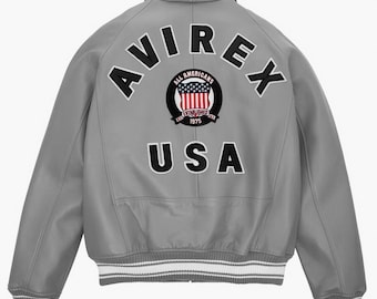 Chaqueta Avirex New para hombre, color gris, estilo americano, de piel de oveja auténtica.