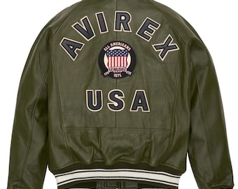 Men's Avirex Green Icon USA Flight Jacket Real Sheepskin Leather Bomber Jacket