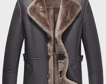 Men's Black B3 Trench RAF Coat Genuine Sheepskin Leather Real Shearling Fur Coat