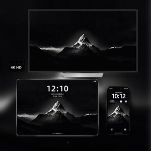 Black Mountain 5-in-1 Wallpaper Bundle, Monochrome Snow Peak Landscape for Phone, Tablet, Smartwatch, Laptop and Folding Phone